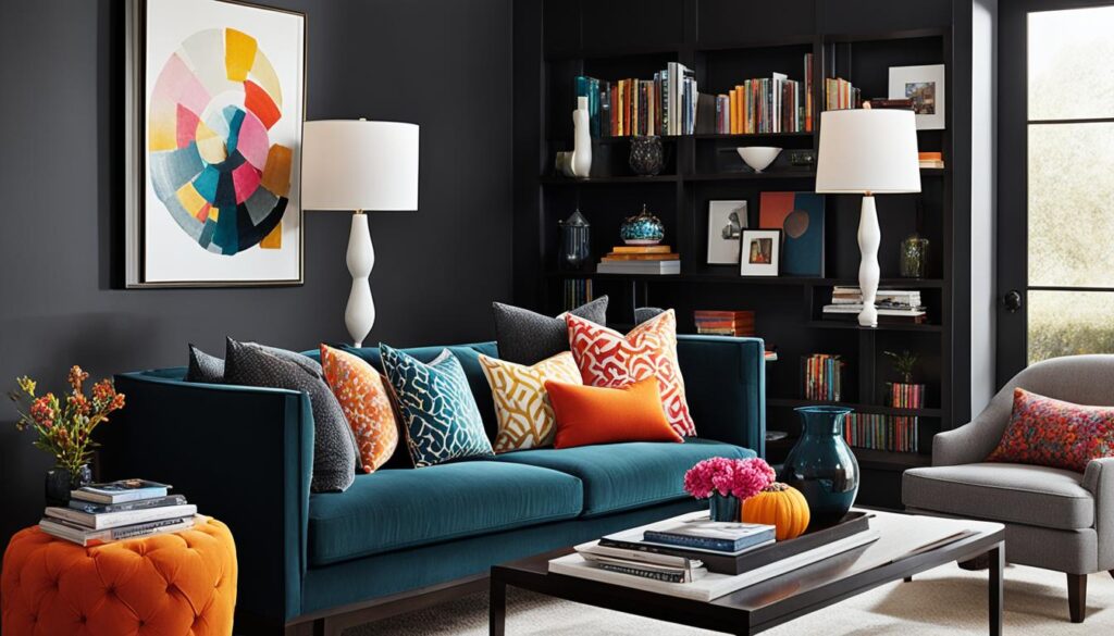 aranżacja salonu z ciemnymi meblami