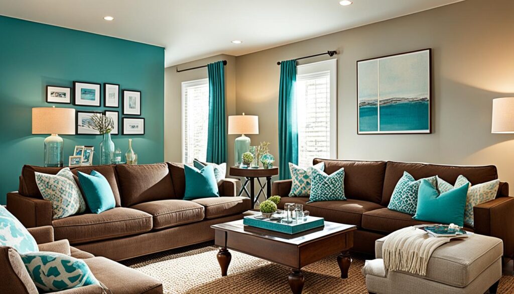 turkusowa ściana do brązowych mebli