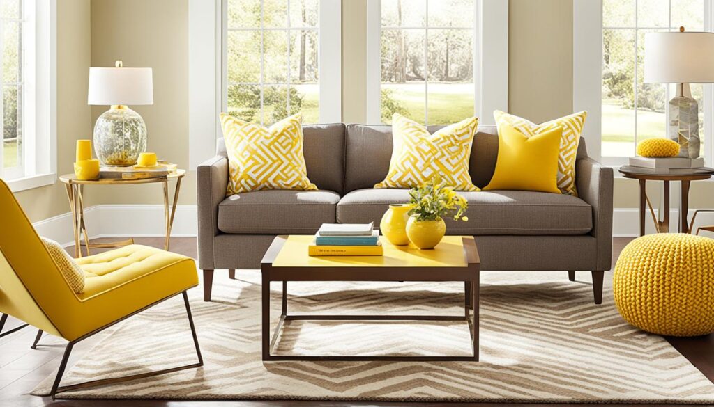 żółte dodatki w salonie z brązowymi meblami