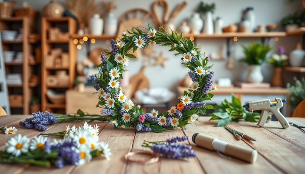 A beautifully arranged door wreath showcasing a step-by-step crafting process. In the foreground, a wooden table is adorned with vibrant spring florals, including daisies and lavender, alongside crafting materials like scissors, wire, and a hot glue gun. In the middle, a partially assembled wreath is displayed, emphasizing the greenery and floral elements that create a lively, welcoming effect. The background features a softly lit, cozy workshop, with shelves filled with decorative supplies and soft bokeh lighting that enhances the craftsman’s environment. The atmosphere is warm and inviting, evoking a sense of creativity and inspiration for DIY enthusiasts. The composition is captured with a slightly angled lens to give depth and focus on the wreath-making process.