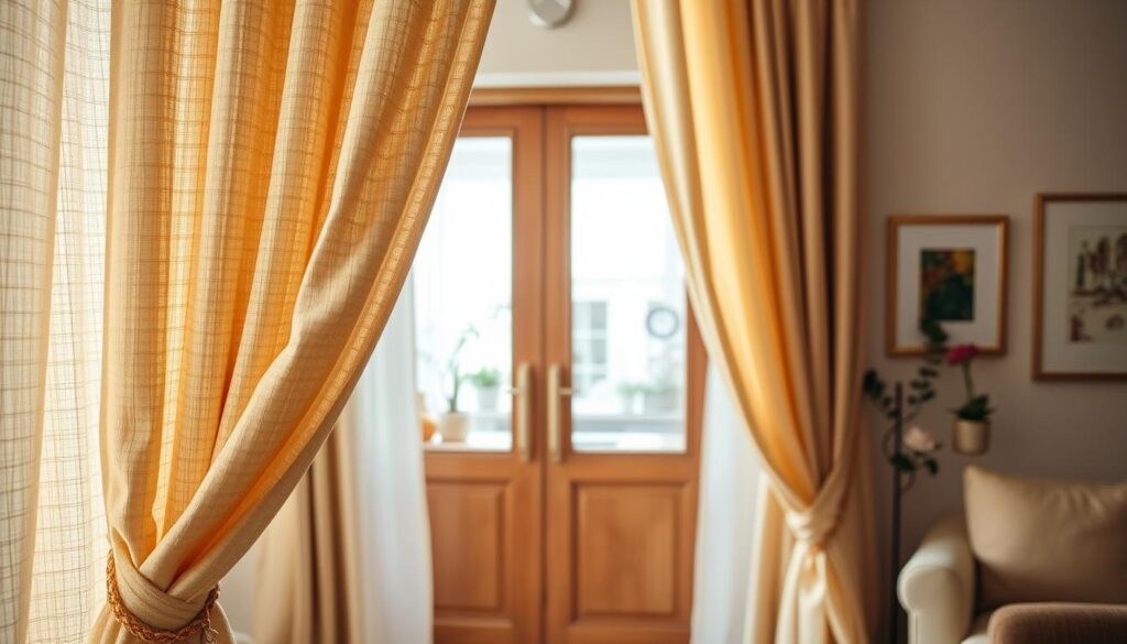 A beautifully arranged scene featuring decorative curtains elegantly draping over a window in a stylish room. In the foreground, focus on rich, textured fabric in soft pastel colors, gently catching the light, intricately patterned to convey elegance. In the middle ground, a sleek wooden door with a glass panel is showcased, framed by the flowing curtains that create a warm and inviting atmosphere. The background reveals a tastefully decorated living space with subtle decor elements like potted plants and artwork, illuminated by soft, natural light streaming in through the window. The overall mood is cozy and sophisticated, ideal for illustrating practical ideas for covering glass in interior doors.