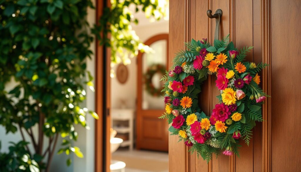 A beautifully crafted doorway adorned with a handmade wreath, made of vibrant seasonal flowers and lush green foliage. In the foreground, the wreath is displayed prominently, its colorful blossoms and textures inviting warmth and charm. The middle ground features the intricately designed wooden door, with a rustic handle, framed by an inviting entryway decorated in soft, neutral tones. In the background, soft sunlight filters through a leafy garden, casting gentle shadows and highlighting the wreath. The scene is bright and cheerful, evoking a sense of creativity and personal touch. The atmosphere is serene and welcoming, perfect for inspiring readers to appreciate the art of making their own wreath. Capture this in a natural outdoor setting with a warm color palette and soft, even lighting, mimicking a sunny afternoon.