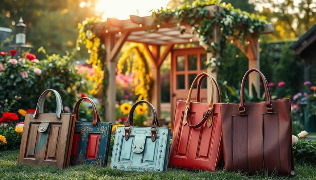 A beautifully crafted garden scene featuring creative handbags made from upcycled doors, prominently displayed in the foreground. The bags should showcase a variety of colors, textures, and unique designs, highlighting intricate details like handles and stitching. In the middle ground, a charming pergola constructed from the same old doors is adorned with climbing plants and soft fairy lights, providing an inviting atmosphere. The background consists of a colorful garden filled with blooming flowers and greenery, subtly blurred to enhance focus on the handbags and pergola. The scene is illuminated by warm, golden hour sunlight, casting gentle shadows and adding a tranquil, inspiring mood. A beautifully crafted garden scene featuring creative handbags made from upcycled doors, prominently displayed in the foreground. The bags should showcase a variety of colors, textures, and unique designs, highlighting intricate details like handles and stitching. In the middle ground, a charming pergola constructed from the same old doors is adorned with climbing plants and soft fairy lights, providing an inviting atmosphere. The background consists of a colorful garden filled with blooming flowers and greenery, subtly blurred to enhance focus on the handbags and pergola. The scene is illuminated by warm, golden hour sunlight, casting gentle shadows and adding a tranquil, inspiring mood.