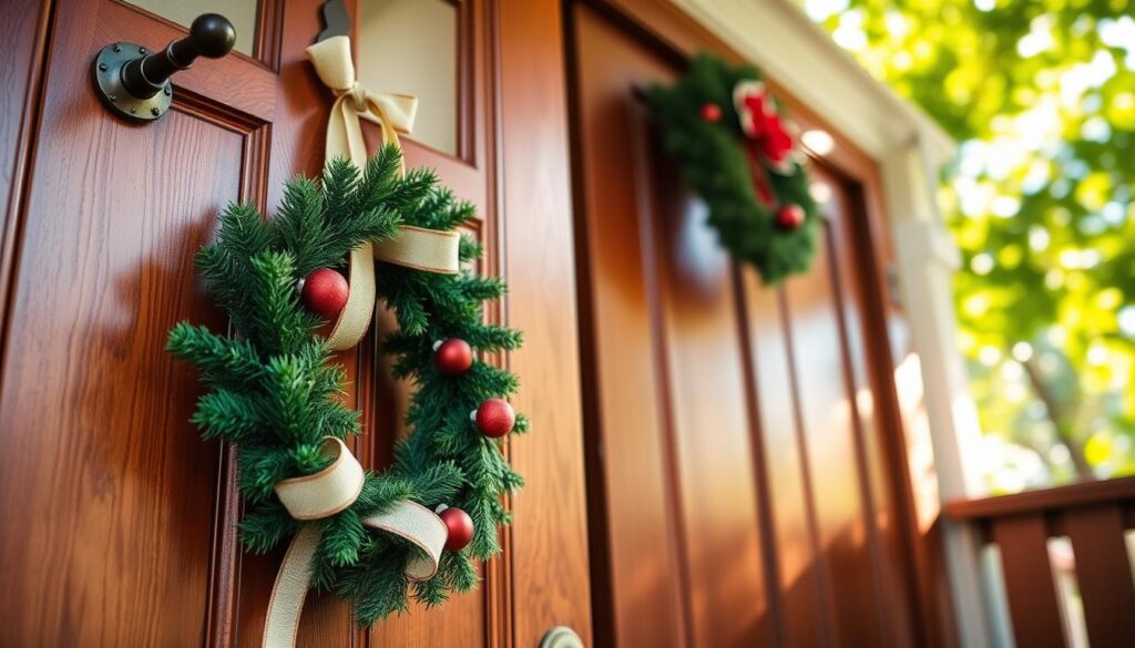 A beautifully decorated door with a festive wreath elegantly mounted without drilling. The foreground features a close-up of a wreath using alternative mounting methods like decorative hooks, suction cups, and ribbon. The middle showcases the door adorned in rich wood tones, highlighting its texture and detail. The background captures a serene outdoor scene, with soft sunlight filtering through green leaves, creating a warm and inviting atmosphere. Use soft, natural lighting to enhance the colors and textures of the wreath and door. The angle should focus on the door and wreath from a slightly lower viewpoint, emphasizing their visual appeal and creativity in mounting. Aim for a cozy, festive mood that inspires readers to try these alternative methods. A beautifully decorated door with a festive wreath elegantly mounted without drilling. The foreground features a close-up of a wreath using alternative mounting methods like decorative hooks, suction cups, and ribbon. The middle showcases the door adorned in rich wood tones, highlighting its texture and detail. The background captures a serene outdoor scene, with soft sunlight filtering through green leaves, creating a warm and inviting atmosphere. Use soft, natural lighting to enhance the colors and textures of the wreath and door. The angle should focus on the door and wreath from a slightly lower viewpoint, emphasizing their visual appeal and creativity in mounting. Aim for a cozy, festive mood that inspires readers to try these alternative methods.