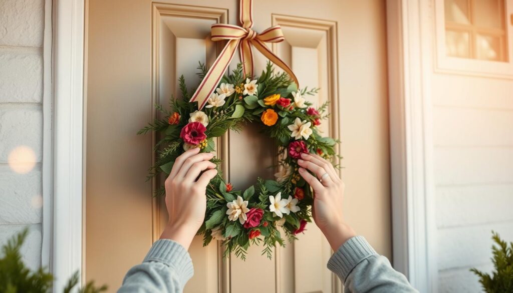 A beautifully decorated front door adorned with a fresh, natural wreath made of seasonal flowers and greenery. The wreath is artistically hung with a stylish ribbon, displaying a delicate knot. In the foreground, a pair of gentle hands, wearing modest, casual clothing, carefully positions the wreath, showcasing an engaging process of hanging. The middle layer features the door, which is painted in a welcoming shade, with the wreath as the focal point. In the background, soft, ambient daylight bathes the scene, enhancing the warm, inviting atmosphere. The image captures a sense of home and celebration, with an emphasis on the loving act of decorating. The scene should be depicted in a softly blurred background to bring focus to the wreath-hanging moment, using a shallow depth of field for an intimate feel.