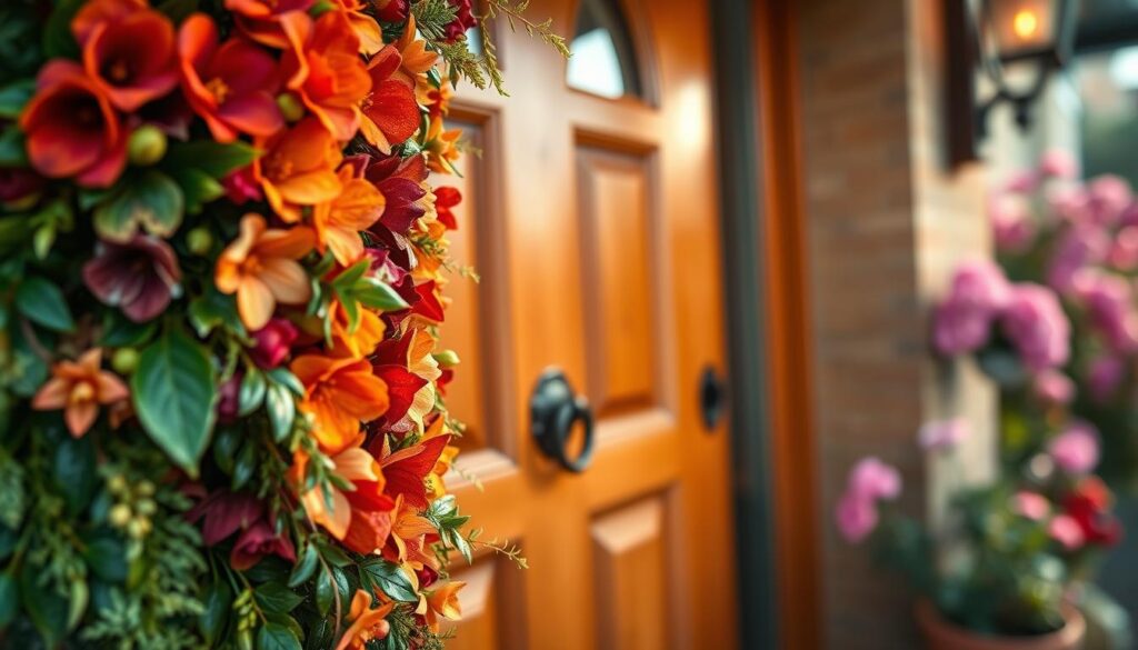A beautifully decorated front door featuring a lush, vibrant wreath made of seasonal flowers and greenery. The foreground showcases intricate details of the wreath, emphasizing its rich colors and textures, with subtle morning dew glistening on the petals. In the middle ground, the door is a classic wooden design, painted in a warm, inviting hue, with a charming door knocker. Soft, natural daylight filters through, creating a warm and welcoming atmosphere. In the background, there are hints of a blooming garden, softly blurred to draw attention to the door decoration. The scene captures the beauty and charm of door decorations, conveying a sense of warmth and home. Use a shallow depth of field for a dreamy effect, highlighting the main elements and creating a pleasing bokeh. A beautifully decorated front door featuring a lush, vibrant wreath made of seasonal flowers and greenery. The foreground showcases intricate details of the wreath, emphasizing its rich colors and textures, with subtle morning dew glistening on the petals. In the middle ground, the door is a classic wooden design, painted in a warm, inviting hue, with a charming door knocker. Soft, natural daylight filters through, creating a warm and welcoming atmosphere. In the background, there are hints of a blooming garden, softly blurred to draw attention to the door decoration. The scene captures the beauty and charm of door decorations, conveying a sense of warmth and home. Use a shallow depth of field for a dreamy effect, highlighting the main elements and creating a pleasing bokeh.