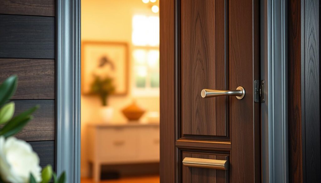 A beautifully designed entry door with a stylish and durable exterior finish, showcasing various materials like high-quality wood and modern composite textures. In the foreground, focus on the intricate patterns and colors of the door cladding, emphasizing its aesthetic appeal. The middle grounds include elegant door hardware, such as polished metal handles and decorative hinges, reflecting light subtly. The background features a warm, inviting entryway with soft ambient daylight streaming in, enhancing the door's texture and finish. Capture the scene from a slightly elevated angle, allowing for a clear view of the door and its surroundings, creating a sophisticated and practical atmosphere. Ensure the image conveys a sense of style and functionality, suitable for a contemporary home. A beautifully designed entry door with a stylish and durable exterior finish, showcasing various materials like high-quality wood and modern composite textures. In the foreground, focus on the intricate patterns and colors of the door cladding, emphasizing its aesthetic appeal. The middle grounds include elegant door hardware, such as polished metal handles and decorative hinges, reflecting light subtly. The background features a warm, inviting entryway with soft ambient daylight streaming in, enhancing the door's texture and finish. Capture the scene from a slightly elevated angle, allowing for a clear view of the door and its surroundings, creating a sophisticated and practical atmosphere. Ensure the image conveys a sense of style and functionality, suitable for a contemporary home.