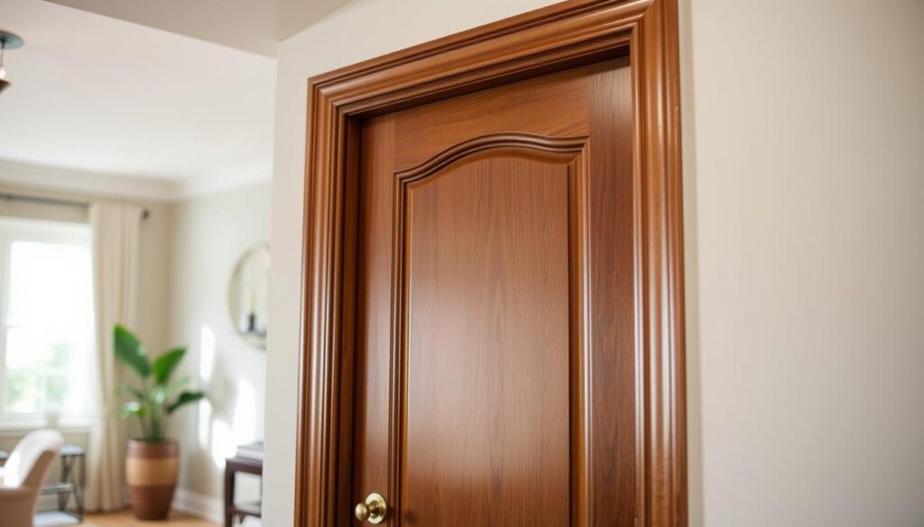 A beautifully finished interior door in a modern home setting, showcasing high-quality craftsmanship and attention to detail. In the foreground, the door features elegant molding and a seamless transition from the wall, highlighting the precision of the trim work. The middle ground includes a softly lit hallway, with natural light streaming in through a window, illuminating the textures of the door and surrounding walls. The background reveals a tastefully decorated living space, adding a warm atmosphere to the scene. The door’s rich wood finish contrasts with light-colored walls, exuding sophistication. Capture this image with a warm, inviting tone using soft, diffused lighting, and a slightly elevated angle to emphasize the door's features and its role in enhancing interior aesthetics. A beautifully finished interior door in a modern home setting, showcasing high-quality craftsmanship and attention to detail. In the foreground, the door features elegant molding and a seamless transition from the wall, highlighting the precision of the trim work. The middle ground includes a softly lit hallway, with natural light streaming in through a window, illuminating the textures of the door and surrounding walls. The background reveals a tastefully decorated living space, adding a warm atmosphere to the scene. The door’s rich wood finish contrasts with light-colored walls, exuding sophistication. Capture this image with a warm, inviting tone using soft, diffused lighting, and a slightly elevated angle to emphasize the door's features and its role in enhancing interior aesthetics.