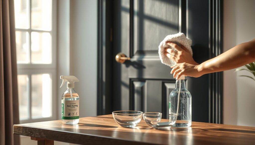 A beautifully lit indoor scene showcasing a modern anthracite-colored door being cleaned. In the foreground, a pair of hands are gently using a microfiber cloth to wipe the door's surface, emphasizing care to avoid scratches. Midground includes a bottle of gentle, eco-friendly cleaning spray placed neatly on a wooden table, alongside a small bowl of water. The background features soft, diffused natural light coming through a nearby window, casting a warm glow and subtle shadows that enhance the serene atmosphere. The overall mood is calm and professional, reflecting best practices in cleaning while maintaining the door's pristine condition.