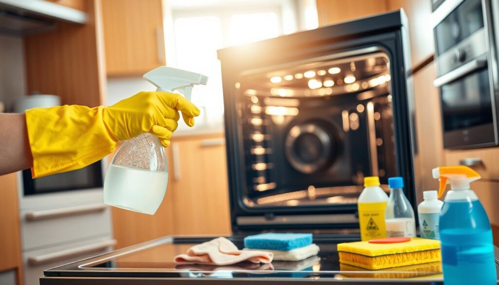 A bright and clean kitchen scene focused on the process of cleaning an oven door. In the foreground, a pair of hands wearing yellow cleaning gloves is holding a spray bottle, applying cleanser to a shiny oven door. The middle ground features the oven door partially open, revealing a spotless interior. Various cleaning supplies are scattered nearby, including a sponge and cloth, all organized neatly. The background showcases a well-lit kitchen with modern appliances, warm wooden cabinets, and soft, natural light streaming in from a window, creating a fresh, inviting atmosphere. The mood is one of tidiness and productivity, emphasizing the importance of maintaining kitchen appliances for safety and efficiency. A bright and clean kitchen scene focused on the process of cleaning an oven door. In the foreground, a pair of hands wearing yellow cleaning gloves is holding a spray bottle, applying cleanser to a shiny oven door. The middle ground features the oven door partially open, revealing a spotless interior. Various cleaning supplies are scattered nearby, including a sponge and cloth, all organized neatly. The background showcases a well-lit kitchen with modern appliances, warm wooden cabinets, and soft, natural light streaming in from a window, creating a fresh, inviting atmosphere. The mood is one of tidiness and productivity, emphasizing the importance of maintaining kitchen appliances for safety and efficiency.