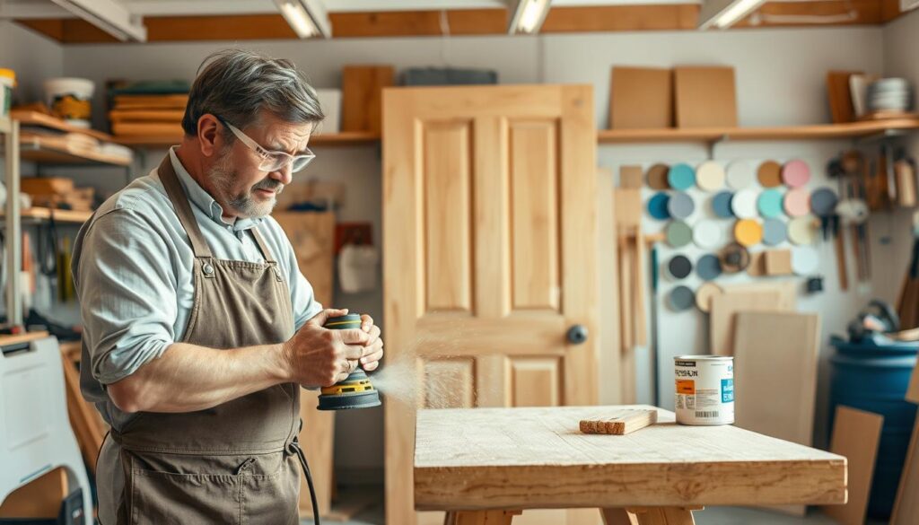A bright and organized workshop scene focusing on a person preparing wooden doors for painting. The foreground features a mid-aged individual wearing a professional apron and protective goggles, meticulously sanding a wooden door with an electric sander, dust particles illuminated by soft overhead lights. In the middle, a wooden door rests on a sturdy sawhorse, surrounded by painting supplies like brushes, sandpaper, and a can of primer. The background shows shelves stocked with various tools and a wall adorned with paint samples, all bathed in warm, inviting light. The mood is industrious and focused, highlighting the essential steps in door preparation before painting. A bright and organized workshop scene focusing on a person preparing wooden doors for painting. The foreground features a mid-aged individual wearing a professional apron and protective goggles, meticulously sanding a wooden door with an electric sander, dust particles illuminated by soft overhead lights. In the middle, a wooden door rests on a sturdy sawhorse, surrounded by painting supplies like brushes, sandpaper, and a can of primer. The background shows shelves stocked with various tools and a wall adorned with paint samples, all bathed in warm, inviting light. The mood is industrious and focused, highlighting the essential steps in door preparation before painting.