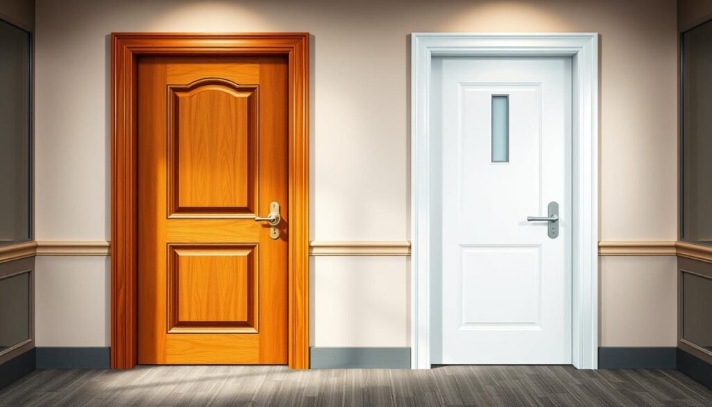 A clear representation of left and right doors, positioned side by side in a modern interior setting. The left door should be a traditional wooden design with warm brown hues, featuring elegant paneling and a polished brass doorknob. The right door should showcase a contemporary style in a smooth white finish, with a sleek handle and subtle glass insets. The background should hint at a well-lit hallway with soft, diffused lighting creating an inviting atmosphere. The image should focus on the doors, capturing their distinct designs and orientations from a straight-on angle. A sense of clarity and professionalism should surround the scene, making it ideal for educational purposes. A clear representation of left and right doors, positioned side by side in a modern interior setting. The left door should be a traditional wooden design with warm brown hues, featuring elegant paneling and a polished brass doorknob. The right door should showcase a contemporary style in a smooth white finish, with a sleek handle and subtle glass insets. The background should hint at a well-lit hallway with soft, diffused lighting creating an inviting atmosphere. The image should focus on the doors, capturing their distinct designs and orientations from a straight-on angle. A sense of clarity and professionalism should surround the scene, making it ideal for educational purposes.