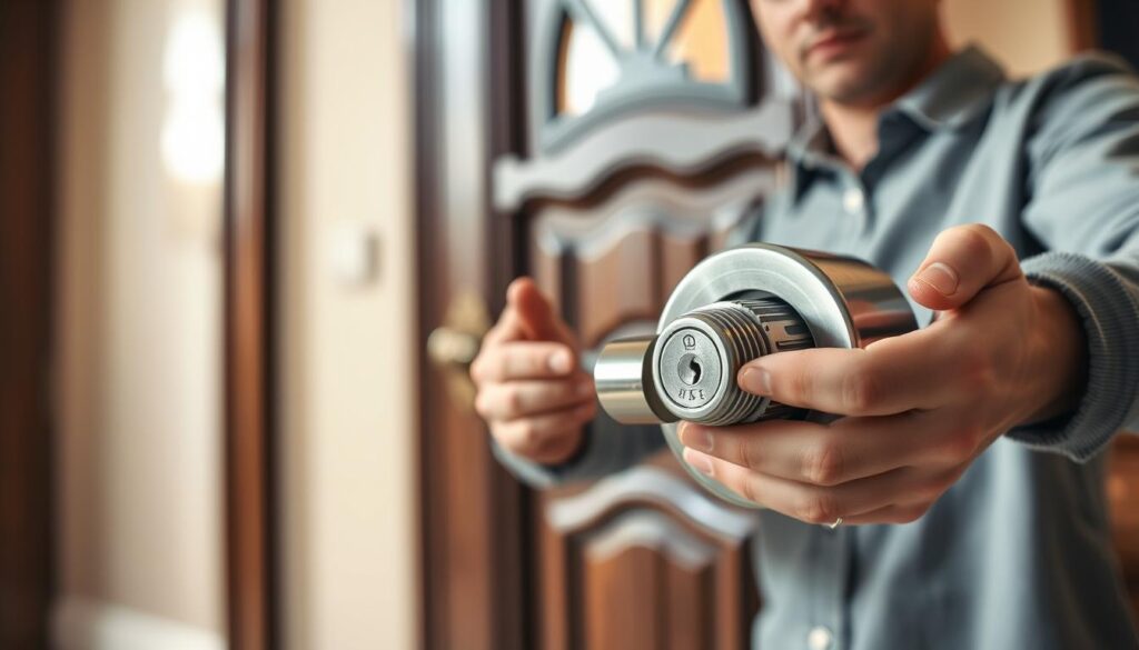 A close-up image of a cylindrical door cylinder lock, displayed prominently in the foreground. The lock should feature intricate details such as the keyhole, threading, and a shiny metallic finish, reflecting light. The middle ground includes a pair of hands in modest casual clothing carefully examining the lock, showing a thoughtful expression as if considering its replacement. The background is a softly blurred interior space, showcasing an elegantly designed wooden door, with warm, natural lighting to create an inviting atmosphere. The angle is slightly tilted to emphasize the lock's detail while maintaining a professional and instructional mood. The overall image should convey a sense of craftsmanship and attention to detail, suitable for a DIY guide.