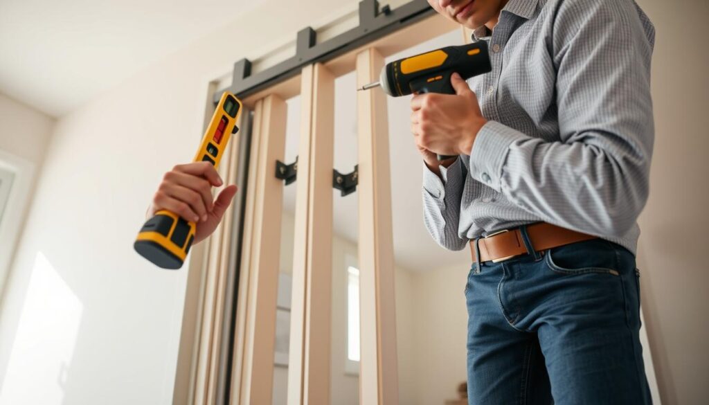 A close-up image of a person demonstrating how to install folding doors in a bright, well-lit room. The foreground features a professional in smart casual clothing, using tools like a level, drill, and screws, carefully aligning the door frame. The middle area showcases the partially installed folding doors with detailed hinges and tracks. The background includes a light-colored wall and soft natural light streaming through a nearby window, creating an inviting atmosphere. The image should capture a DIY or home improvement vibe, emphasizing clarity and precision in the installation process. Use a shallow depth of field to focus on the hands and tools, enhancing the instructional aspect while maintaining a warm and engaging mood. A close-up image of a person demonstrating how to install folding doors in a bright, well-lit room. The foreground features a professional in smart casual clothing, using tools like a level, drill, and screws, carefully aligning the door frame. The middle area showcases the partially installed folding doors with detailed hinges and tracks. The background includes a light-colored wall and soft natural light streaming through a nearby window, creating an inviting atmosphere. The image should capture a DIY or home improvement vibe, emphasizing clarity and precision in the installation process. Use a shallow depth of field to focus on the hands and tools, enhancing the instructional aspect while maintaining a warm and engaging mood.