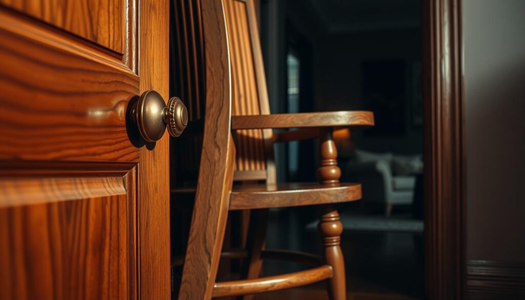 A close-up image of a solid wooden door with a large, sturdy wooden chair wedged underneath the doorknob, effectively blocking entry. In the foreground, detailed textures of the door’s grain and the chair’s finish are visible, with the light reflecting slightly off the polished surface. The middle ground features subtle shadows from a dimly lit room, suggesting a sense of enclosure and security. In the background, a hint of a cozy, softly lit living space can be seen, enhancing the atmosphere of safety and privacy. The lighting is warm, creating an inviting yet secure mood, with the focus on the door and the blocking mechanism. The angle is slightly from above, providing a unique perspective on the door and chair.