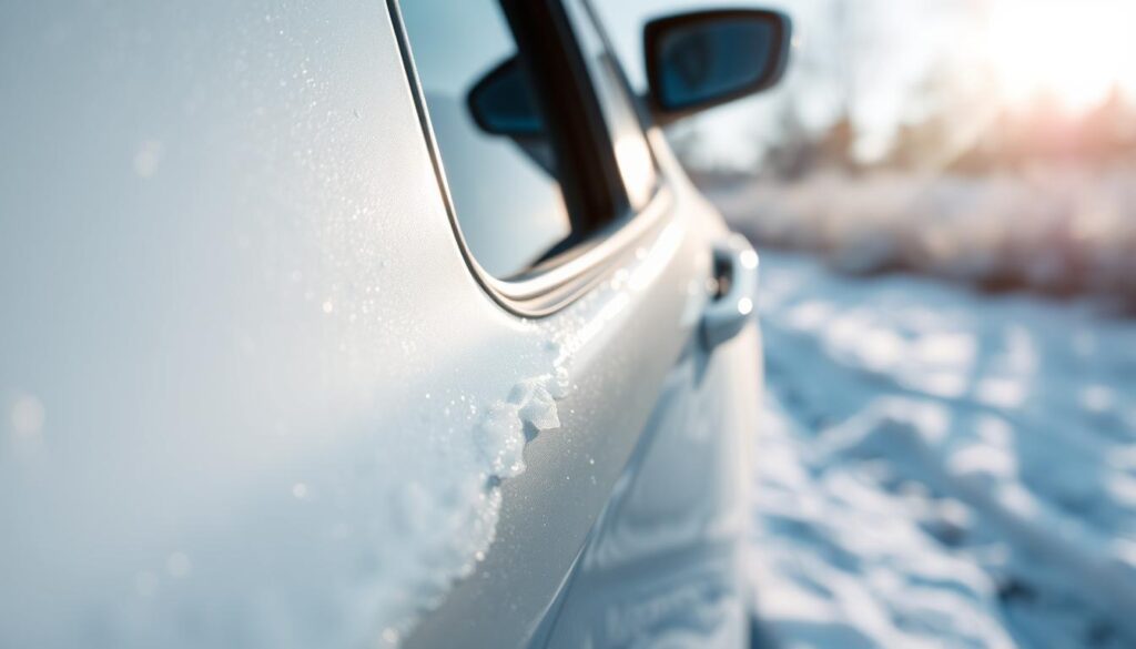 A close-up of a car door with visible frost and ice, illustrating effective anti-freeze measures. The foreground features a neatly applied frost-resistant seal around the door frame, shimmering slightly in the sunlight. The middle ground captures the texture of the icy surface against the sleek metal of the car door, highlighting the contrast. In the background, a winter landscape with softly falling snowflakes adds to the chilly ambiance. The lighting is bright and cool, evoking a crisp winter day, while shadows are soft and gentle, creating a serene atmosphere. The scene should be captured at eye level, focusing on the details of the door and seal, emphasizing functionality and protection against freezing. A close-up of a car door with visible frost and ice, illustrating effective anti-freeze measures. The foreground features a neatly applied frost-resistant seal around the door frame, shimmering slightly in the sunlight. The middle ground captures the texture of the icy surface against the sleek metal of the car door, highlighting the contrast. In the background, a winter landscape with softly falling snowflakes adds to the chilly ambiance. The lighting is bright and cool, evoking a crisp winter day, while shadows are soft and gentle, creating a serene atmosphere. The scene should be captured at eye level, focusing on the details of the door and seal, emphasizing functionality and protection against freezing.