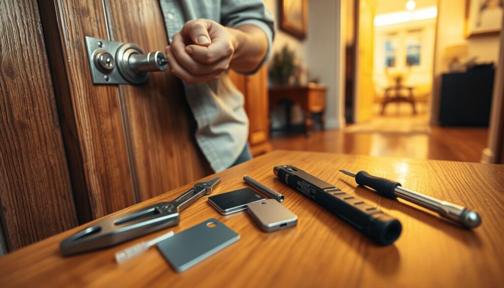 A close-up scene focused on various emergency door-opening techniques displayed on a wooden door. In the foreground, a professional dressed in modest casual clothing demonstrates a simple lock-picking technique, carefully using a pick and tension wrench. In the middle, a variety of tools are scattered on a small table, including a slim jim, a credit card, and a screwdriver, all well-lit and visually distinct. The background features a domestic setting, with a soft focus on a well-furnished hallway, creating a realistic living environment. The lighting is warm and inviting, suggesting urgency but also hope, capturing the essence of practical problem-solving. The angle provides a slight overhead view to encompass the variety of methods while maintaining clarity on the focus technique.