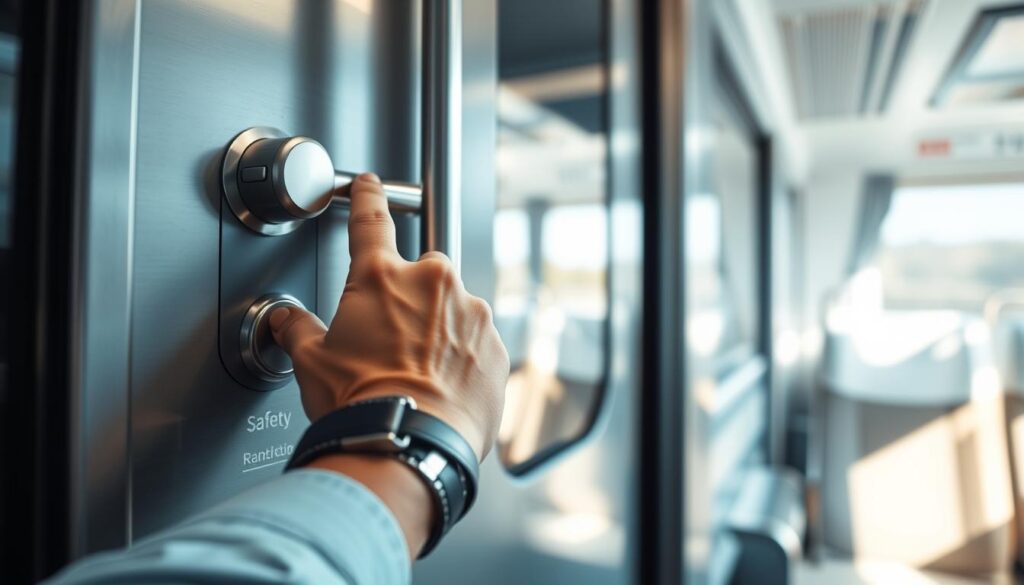 A close-up scene of a train door with a focus on the handle, illustrating the proper way to open it. In the foreground, a hand wearing a professional wristwatch reaches for the door handle, demonstrating a safety-minded approach. The middle ground features the sleek, modern design of the train door, showcasing safety instructions subtly displayed near the handle. In the background, hints of the train interior with clean, well-lit seating visible, conveying a sense of security and comfort. Soft, natural lighting filters through the windows, creating a warm atmosphere. This image emphasizes safety while presenting a serene, professional environment suitable for travelers. A close-up scene of a train door with a focus on the handle, illustrating the proper way to open it. In the foreground, a hand wearing a professional wristwatch reaches for the door handle, demonstrating a safety-minded approach. The middle ground features the sleek, modern design of the train door, showcasing safety instructions subtly displayed near the handle. In the background, hints of the train interior with clean, well-lit seating visible, conveying a sense of security and comfort. Soft, natural lighting filters through the windows, creating a warm atmosphere. This image emphasizes safety while presenting a serene, professional environment suitable for travelers.