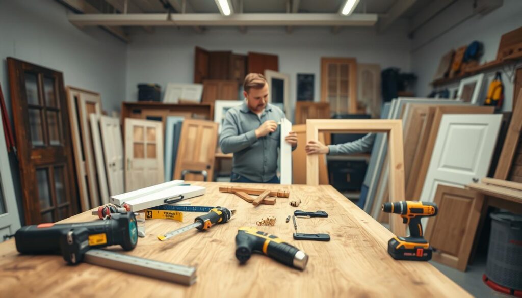 A close-up scene of a well-organized workshop prepared for the installation of exterior doors. In the foreground, a sturdy wooden workbench covered with essential tools like a level, measuring tape, and drill, along with a partially assembled door frame. The middle ground features a professional individually dressed in modest casual clothing, carefully measuring components, with a focused expression. In the background, the workshop’s walls are lined with various door styles and safety gear. The lighting is bright and even, creating a clean, inviting atmosphere. Shot with a slightly angled view to emphasize depth, evoking a sense of readiness and professionalism for the upcoming task.