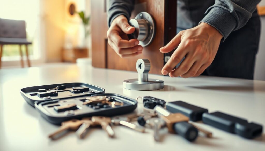 A close-up shot of a professional locksmith at work, focusing on a set of door lock tools laid out neatly on a clean surface. In the foreground, a pair of hands is skillfully manipulating a lock in a door equipped with a modern security system, showcasing expertise and care. The middle ground features a partially opened toolkit with various keys and components, emphasizing the idea of saving money by opting for repairs instead of a full replacement. In the background, a blurred home environment hints at a cozy entrance, illuminated by warm, natural light streaming through a nearby window. The mood is practical and resourceful, highlighting the theme of cost-saving tips in a subtle, engaging manner. A close-up shot of a professional locksmith at work, focusing on a set of door lock tools laid out neatly on a clean surface. In the foreground, a pair of hands is skillfully manipulating a lock in a door equipped with a modern security system, showcasing expertise and care. The middle ground features a partially opened toolkit with various keys and components, emphasizing the idea of saving money by opting for repairs instead of a full replacement. In the background, a blurred home environment hints at a cozy entrance, illuminated by warm, natural light streaming through a nearby window. The mood is practical and resourceful, highlighting the theme of cost-saving tips in a subtle, engaging manner.