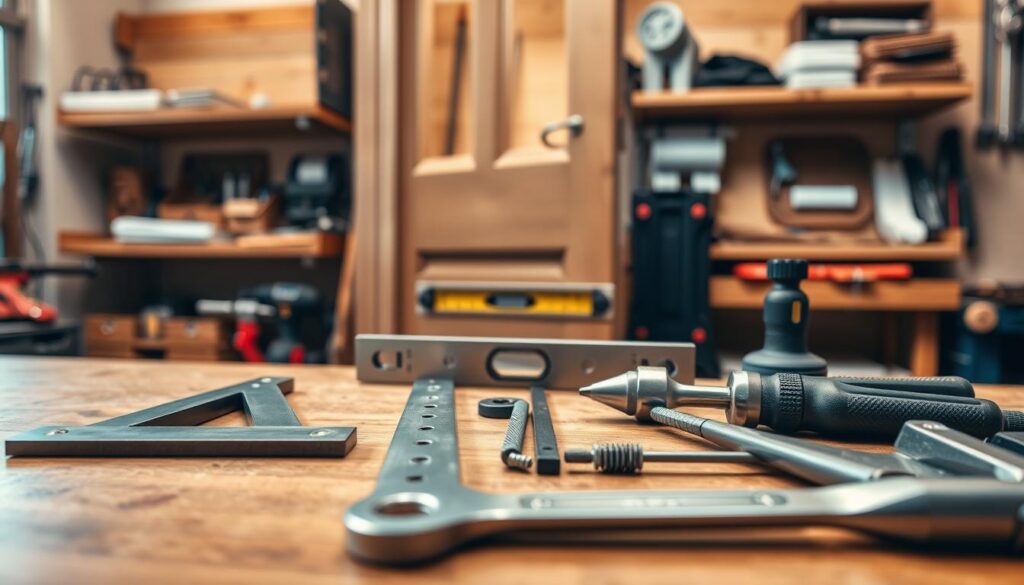 A close-up shot of various door adjustment tools neatly arranged on a wooden workbench. In the foreground, there are items like a T-square, a screwdriver set, an adjustable wrench, and a door shim set, all with a matte finish. The middle ground features a slightly opened door that shows its hinges and a level placed against it, indicating adjustments in progress. In the background, a softly blurred workshop setting with shelves lined with additional tools and materials creates a sense of atmosphere. The lighting is warm and inviting, casting gentle shadows, emphasizing the tools’ textures and enhancing the professional feel of the workspace. The composition conveys a sense of methodical preparation for door regulation tasks.