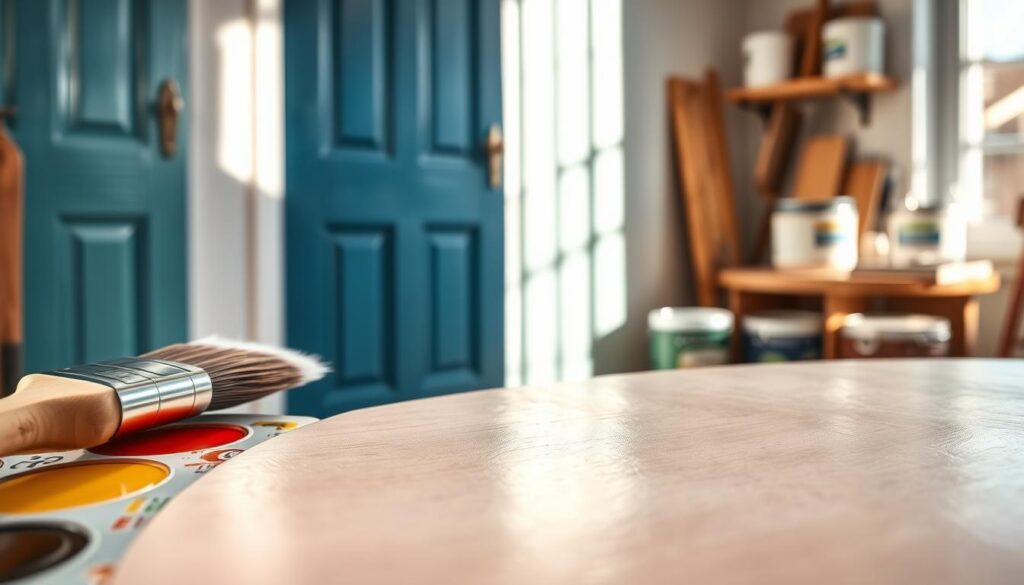 A close-up view of a beautifully painted wooden door, showcasing a glossy, vibrant finish that highlights the texture of the wood grain. The foreground features a paintbrush resting on the edge of a color palette filled with various shades, emphasizing the theme of door painting. In the middle, a freshly painted door with a rich hue, perhaps deep blue or elegant sage green, stands against a sunlit wall, casting soft shadows. The background hints at a cozy workshop atmosphere with tools and canisters of paint neatly arranged. Natural light filters through a nearby window, creating a warm and inviting mood. The overall composition should evoke feelings of creativity and professionalism in home improvement. A close-up view of a beautifully painted wooden door, showcasing a glossy, vibrant finish that highlights the texture of the wood grain. The foreground features a paintbrush resting on the edge of a color palette filled with various shades, emphasizing the theme of door painting. In the middle, a freshly painted door with a rich hue, perhaps deep blue or elegant sage green, stands against a sunlit wall, casting soft shadows. The background hints at a cozy workshop atmosphere with tools and canisters of paint neatly arranged. Natural light filters through a nearby window, creating a warm and inviting mood. The overall composition should evoke feelings of creativity and professionalism in home improvement.