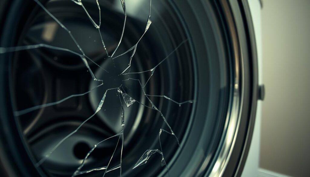 A close-up view of a damaged washing machine door. The foreground displays the broken glass of the door, with visible cracks and chips, reflecting light in a way that highlights the damage. In the middle ground, the washing machine's body is partially visible, showing signs of wear and tear, such as scratches and dents, emphasizing its age. The background features a domestic laundry room setting, with a neutral color scheme and a lightly textured wall to provide context. Soft, diffused lighting gives the scene a slightly somber mood, reflecting the frustration of dealing with appliance issues. The composition should use a slightly tilted angle to add visual interest while keeping the focus on the damaged door. A close-up view of a damaged washing machine door. The foreground displays the broken glass of the door, with visible cracks and chips, reflecting light in a way that highlights the damage. In the middle ground, the washing machine's body is partially visible, showing signs of wear and tear, such as scratches and dents, emphasizing its age. The background features a domestic laundry room setting, with a neutral color scheme and a lightly textured wall to provide context. Soft, diffused lighting gives the scene a slightly somber mood, reflecting the frustration of dealing with appliance issues. The composition should use a slightly tilted angle to add visual interest while keeping the focus on the damaged door.