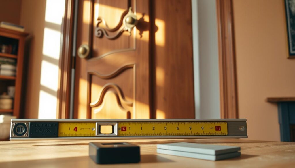 A close-up view of a door slightly sagging on its hinges, with noticeable gaps at the top and bottom, illustrating the symptoms of lowered doors. The door features a classic wooden finish, with intricate carvings and a brass doorknob, set against a warm, well-lit room background. Soft natural light filters in through a nearby window, casting gentle shadows that highlight the door's imperfections. In the foreground, tools such as a spirit level and shims are laid out on a workbench, indicating DIY repair efforts. The atmosphere is practical and focused, capturing the moment of assessing the door's alignment. The camera angle is slightly below eye level, emphasizing the door's height and the gap's visibility without any text or distractions. A close-up view of a door slightly sagging on its hinges, with noticeable gaps at the top and bottom, illustrating the symptoms of lowered doors. The door features a classic wooden finish, with intricate carvings and a brass doorknob, set against a warm, well-lit room background. Soft natural light filters in through a nearby window, casting gentle shadows that highlight the door's imperfections. In the foreground, tools such as a spirit level and shims are laid out on a workbench, indicating DIY repair efforts. The atmosphere is practical and focused, capturing the moment of assessing the door's alignment. The camera angle is slightly below eye level, emphasizing the door's height and the gap's visibility without any text or distractions.
