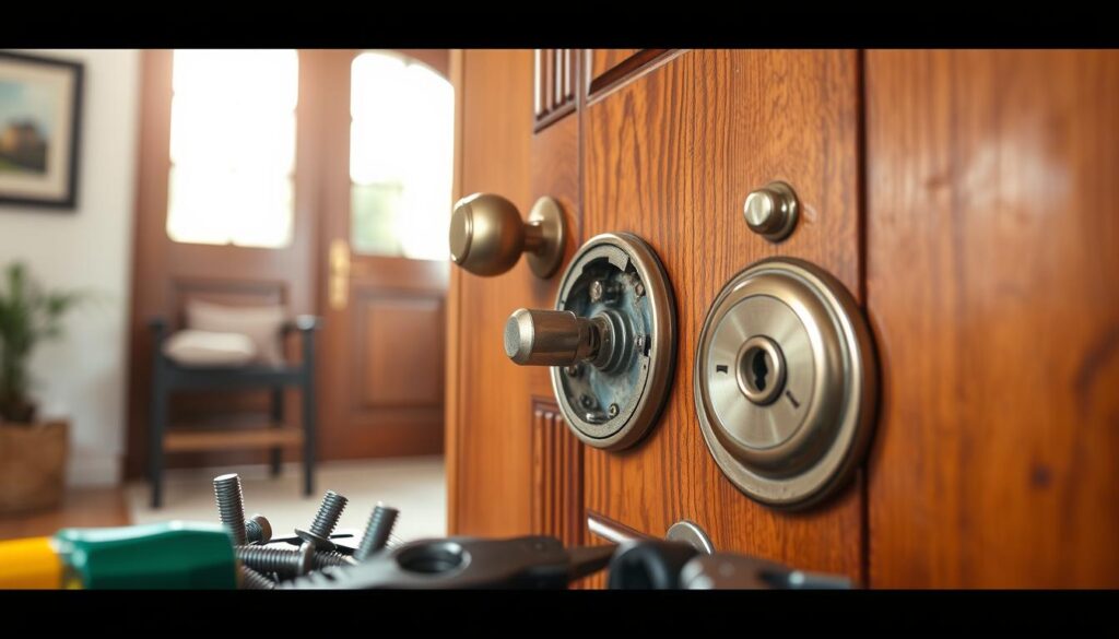 A close-up view of a front door with a partially disassembled lock mechanism, showcasing various components like screws, the cylinder, and the keyhole. The foreground features a well-organized toolkit with tools such as screwdrivers and pliers, emphasizing preparedness for lock replacement. In the middle ground, the door is made of elegant wood with a rich grain, and the partially open lock reveals the inner workings, highlighting wear and signs of aging. The background softly blurs into a cozy entryway, with natural light streaming in through a nearby window, creating a warm and inviting atmosphere. The mood conveys an informative yet approachable feel, perfect for a guide on DIY lock replacement. The angle is slightly tilted, providing a dynamic perspective on the task at hand.