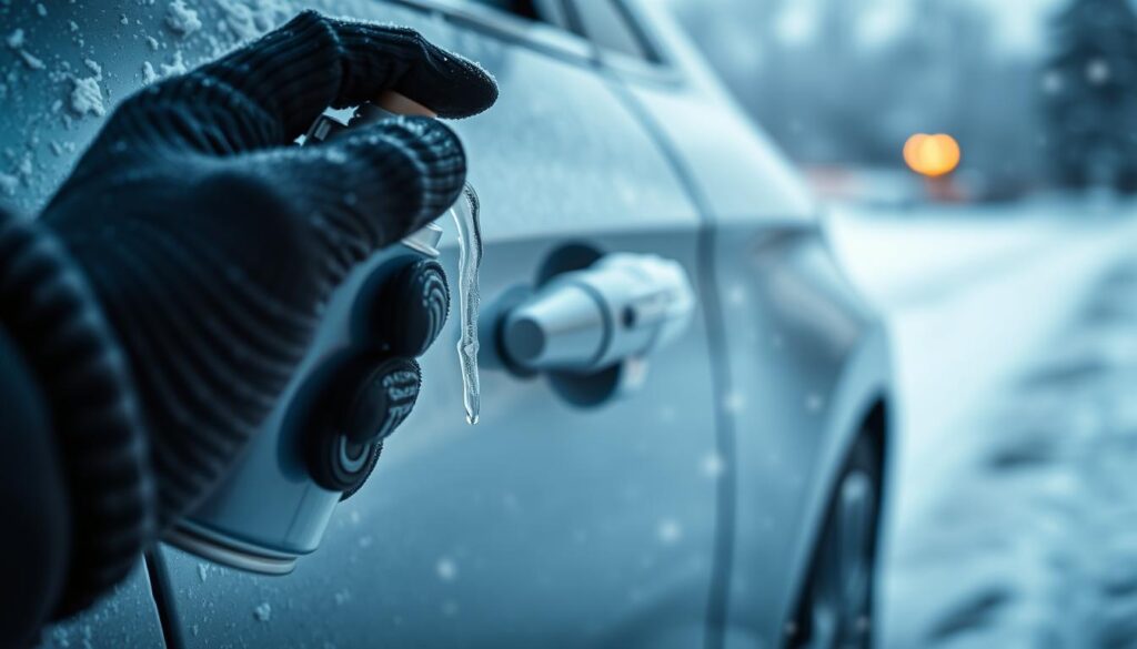 A close-up view of a frozen car lock during a winter morning. In the foreground, a hand with a gloved finger is holding a small can of de-icer spray, positioned ready to apply it to the icy lock. The middle ground features a frosty car door with a visible icicle hanging from the lock, emphasizing the cold environment. The background includes softly falling snowflakes, adding a serene winter atmosphere. The lighting is soft and cool, creating a chilly mood, with hints of blue and white tones illuminating the scene. The image should evoke the struggle of dealing with icy car locks, capturing the essence of a typical winter morning challenge. A close-up view of a frozen car lock during a winter morning. In the foreground, a hand with a gloved finger is holding a small can of de-icer spray, positioned ready to apply it to the icy lock. The middle ground features a frosty car door with a visible icicle hanging from the lock, emphasizing the cold environment. The background includes softly falling snowflakes, adding a serene winter atmosphere. The lighting is soft and cool, creating a chilly mood, with hints of blue and white tones illuminating the scene. The image should evoke the struggle of dealing with icy car locks, capturing the essence of a typical winter morning challenge.