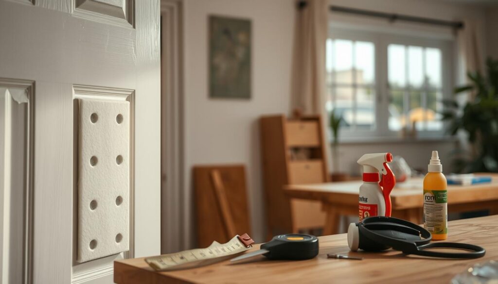 A close-up view of a partially open door with visible soundproofing materials applied. The foreground features foam panels and acoustic matting neatly adhered to the door's surface, showcasing cost-effective options for soundproofing. In the middle ground, tools like a measuring tape, scissors, and adhesive spray are neatly arranged on a workbench, emphasizing a DIY approach. The background captures a cozy home environment with neutral colors, soft lighting filtering through a nearby window, creating a warm, inviting atmosphere. The scene should evoke a sense of creativity and practicality, aiming to help readers envision an effective soundproofing project. The composition should be well-lit, clear, and focused, ensuring all elements are harmonious and engaging without any text or distractions.