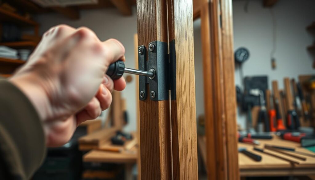A close-up view of a person adjusting a door hinge, demonstrating how to realign a drooping door. The foreground features a pair of hands gripping a screwdriver, focusing on the intricate details of the hinge mechanism. In the middle, the door is partially open, showcasing its wooden texture and the visible gap along the frame. In the background, a well-lit, tidy workshop environment enhances the mood, with tools neatly arranged on a bench and soft, warm lighting creating a welcoming atmosphere. The angle captures the action from slightly above, emphasizing the technical process of door regulation. The overall tone is practical and instructional, inviting the viewer to learn. A close-up view of a person adjusting a door hinge, demonstrating how to realign a drooping door. The foreground features a pair of hands gripping a screwdriver, focusing on the intricate details of the hinge mechanism. In the middle, the door is partially open, showcasing its wooden texture and the visible gap along the frame. In the background, a well-lit, tidy workshop environment enhances the mood, with tools neatly arranged on a bench and soft, warm lighting creating a welcoming atmosphere. The angle captures the action from slightly above, emphasizing the technical process of door regulation. The overall tone is practical and instructional, inviting the viewer to learn.