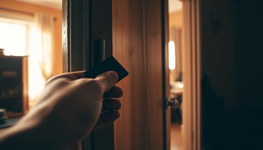 A close-up view of a person carefully attempting to open a closed door using a credit card technique. The foreground features a focused hand holding a credit card, gently sliding it into the gap between the door frame and the door. In the middle ground, the door is an old wooden style with visible grain patterns, slightly ajar to hint at the struggle. The background reveals a softly lit room with warm colors, adding a cozy yet tense atmosphere. The lighting is warm and natural, as if sunlight is filtering through a nearby window, creating soft shadows. The mood is one of determination and problem-solving, capturing the essence of unlocking a door without damage. A close-up view of a person carefully attempting to open a closed door using a credit card technique. The foreground features a focused hand holding a credit card, gently sliding it into the gap between the door frame and the door. In the middle ground, the door is an old wooden style with visible grain patterns, slightly ajar to hint at the struggle. The background reveals a softly lit room with warm colors, adding a cozy yet tense atmosphere. The lighting is warm and natural, as if sunlight is filtering through a nearby window, creating soft shadows. The mood is one of determination and problem-solving, capturing the essence of unlocking a door without damage.