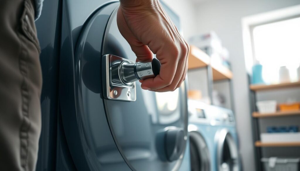 A close-up view of a person in casual attire, gently pulling on a washing machine door handle to unlock it. The foreground shows the hand in focus, with a clear depiction of the handle and the door's intricate locking mechanism. In the middle, the washing machine is glossy and modern, with subtle reflections highlighting its silver and blue tones. In the background, a laundry room setting is softly blurred, featuring shelves stocked with laundry supplies and a window allowing soft natural light to filter in, creating a calm atmosphere. Use bright and even lighting to emphasize the focus on the door and the person's action, conveying a sense of determination and practicality. A close-up view of a person in casual attire, gently pulling on a washing machine door handle to unlock it. The foreground shows the hand in focus, with a clear depiction of the handle and the door's intricate locking mechanism. In the middle, the washing machine is glossy and modern, with subtle reflections highlighting its silver and blue tones. In the background, a laundry room setting is softly blurred, featuring shelves stocked with laundry supplies and a window allowing soft natural light to filter in, creating a calm atmosphere. Use bright and even lighting to emphasize the focus on the door and the person's action, conveying a sense of determination and practicality.