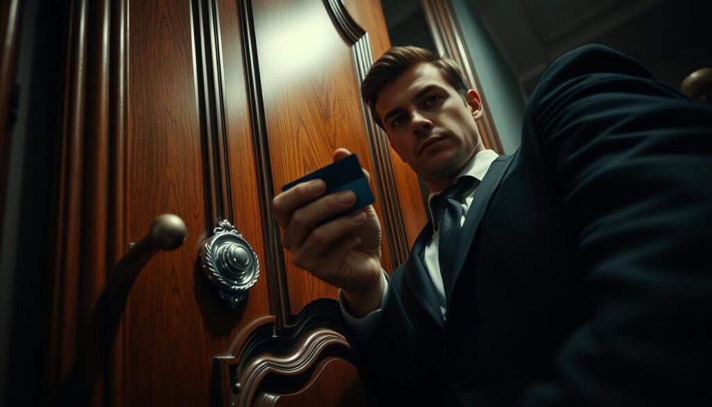 A close-up view of a person in professional attire standing at a locked door during an emergency situation. The individual, looking determined, is using a credit card to attempt to unlock the door, highlighting their focus and resolve. In the background, a tense atmosphere is created with dim lighting and slightly blurred shadows that suggest urgency. The door is an ornate wooden design, rich in detail, with a shiny silver doorknob that catches the light. The camera angle is slightly low, giving a sense of importance to the action, and emphasizes the seriousness of the moment. The overall mood is dramatic and intense, reflecting the critical need to open the door quickly.