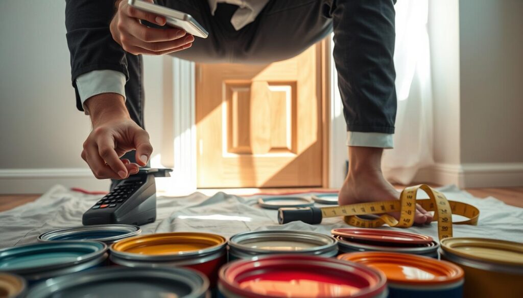 A close-up view of a person in smart casual clothing, kneeling on a painter's drop cloth, calculating the required amount of paint with a calculator and measuring tape nearby. The foreground features a detailed array of paint cans in various colors, with open lids partially revealing their vibrant hues. In the middle, a wooden door with a smooth, laminate surface is set against a light, neutral background, suggesting a well-lit home environment. Sunlight streams in through a nearby window, creating soft shadows and highlighting the paint’s glossy texture. The atmosphere is calm and focused, conveying a sense of preparation and care for a home improvement project. A close-up view of a person in smart casual clothing, kneeling on a painter's drop cloth, calculating the required amount of paint with a calculator and measuring tape nearby. The foreground features a detailed array of paint cans in various colors, with open lids partially revealing their vibrant hues. In the middle, a wooden door with a smooth, laminate surface is set against a light, neutral background, suggesting a well-lit home environment. Sunlight streams in through a nearby window, creating soft shadows and highlighting the paint’s glossy texture. The atmosphere is calm and focused, conveying a sense of preparation and care for a home improvement project.