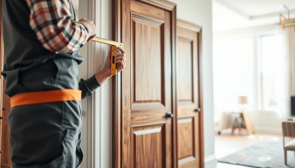 A close-up view of a professional contractor measuring and installing intricate interior doors in a well-lit, modern home setting. In the foreground, the contractor, dressed in neat work attire, carefully adjusts the door frame using a level tool, showcasing attention to detail. The middle ground features elegant wooden doors with various textures and finishes, symbolizing different price points. The background reveals a partially visible living space with soft, natural lighting filtering through large windows, creating a warm and inviting atmosphere. The focus is on craftsmanship and installation, highlighting the factors influencing the labor cost of door installation. The overall mood is professional and serene, emphasizing quality and meticulous work.