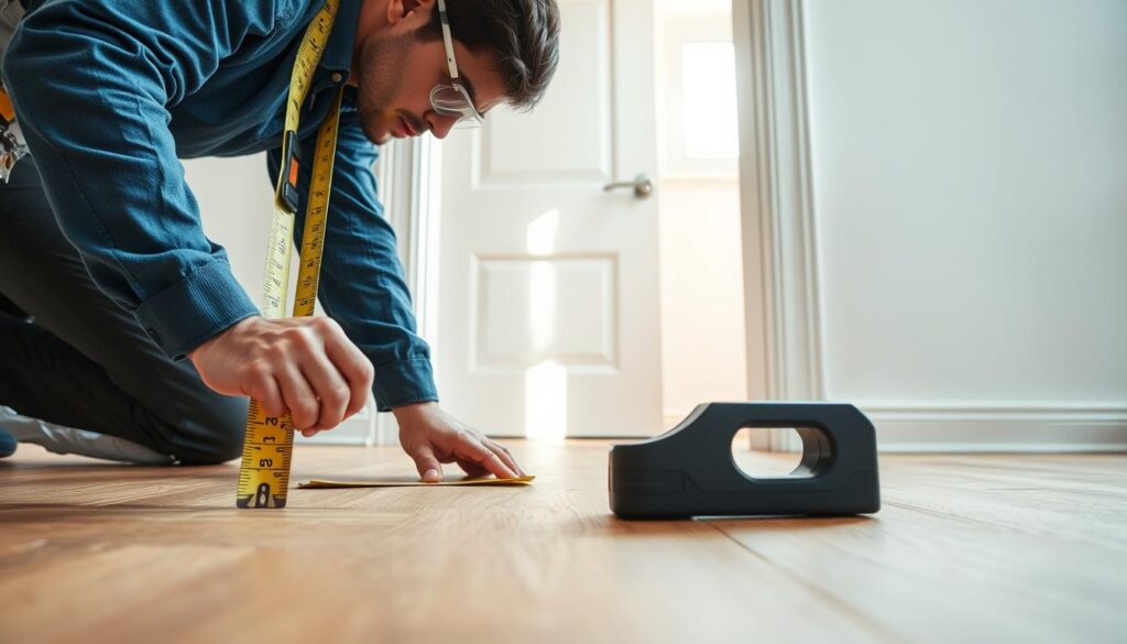 A close-up view of a professional handyman measuring a doorway for door installation, focusing on detailed tools like a tape measure and a level, placed on a wooden floor. In the background, a partially installed door with a sleek, modern design is framed by fresh white walls and soft natural light filtering through a nearby window, casting gentle shadows. The handyman is dressed in a blue professional shirt and safety goggles, meticulously ensuring precise measurements. The overall atmosphere conveys a sense of expertise and attention to detail, emphasizing the importance of proper door installation costs. The scene is captured from a low angle to highlight the tools and work in progress, inviting viewers to consider the professional aspect of installation. A close-up view of a professional handyman measuring a doorway for door installation, focusing on detailed tools like a tape measure and a level, placed on a wooden floor. In the background, a partially installed door with a sleek, modern design is framed by fresh white walls and soft natural light filtering through a nearby window, casting gentle shadows. The handyman is dressed in a blue professional shirt and safety goggles, meticulously ensuring precise measurements. The overall atmosphere conveys a sense of expertise and attention to detail, emphasizing the importance of proper door installation costs. The scene is captured from a low angle to highlight the tools and work in progress, inviting viewers to consider the professional aspect of installation.