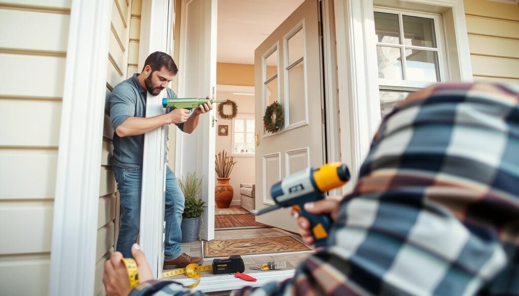 A close-up view of a professional handyman working on sealing an entry door. In the foreground, the handyman is using a caulking gun to apply weatherstrip material around the door frame, showcasing focused concentration. The middle ground features a partially open door with clear gaps that highlight the need for sealing, surrounded by various tools like a measuring tape and a utility knife. The background includes a cozy, well-lit home entrance with plants and a welcome mat, creating a warm atmosphere. The lighting is bright and natural, coming from an adjacent window, casting gentle shadows to enhance depth. The scene conveys a sense of diligence and practicality, perfect for illustrating a home improvement article. A close-up view of a professional handyman working on sealing an entry door. In the foreground, the handyman is using a caulking gun to apply weatherstrip material around the door frame, showcasing focused concentration. The middle ground features a partially open door with clear gaps that highlight the need for sealing, surrounded by various tools like a measuring tape and a utility knife. The background includes a cozy, well-lit home entrance with plants and a welcome mat, creating a warm atmosphere. The lighting is bright and natural, coming from an adjacent window, casting gentle shadows to enhance depth. The scene conveys a sense of diligence and practicality, perfect for illustrating a home improvement article.