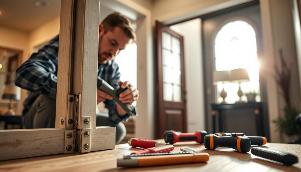 A close-up view of a professional installer carefully fitting an exterior door with precision tools in a well-lit, modern home setting. The installer, dressed in smart casual attire, focuses intently on ensuring a secure fit, showcasing the importance of quality installation. In the foreground, a half-installed door with visible hinges emphasizes craftsmanship. The middle ground displays various high-quality tools neatly arranged, highlighting a meticulous approach to safety and accuracy during the installation process. The background features a stylishly decorated entryway, with soft natural light streaming in through a nearby window, creating a warm and welcoming atmosphere. The overall mood conveys professionalism, trust, and the significance of safety in installation quality.