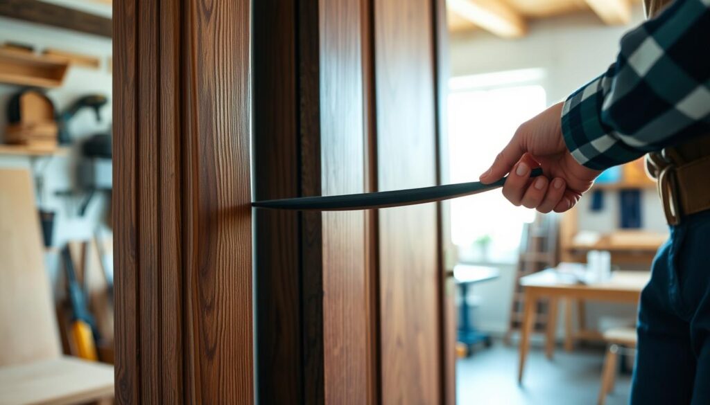 A close-up view of a professional looking man installing a door weather strip on a wooden door frame. The foreground shows his hands carefully aligning the weather strip, one hand pressing it down against the surface. In the middle, the door is intricately detailed with a rich wood texture, and the weather strip is depicted in a contrasting color, emphasizing its role. In the background, there’s a well-lit workshop with tools neatly arranged, and soft natural light filtering in through a nearby window, creating an inviting atmosphere. The scene captures a sense of focus and expertise, with a slight depth of field effect to draw attention to the installation process. A close-up view of a professional looking man installing a door weather strip on a wooden door frame. The foreground shows his hands carefully aligning the weather strip, one hand pressing it down against the surface. In the middle, the door is intricately detailed with a rich wood texture, and the weather strip is depicted in a contrasting color, emphasizing its role. In the background, there’s a well-lit workshop with tools neatly arranged, and soft natural light filtering in through a nearby window, creating an inviting atmosphere. The scene captures a sense of focus and expertise, with a slight depth of field effect to draw attention to the installation process.