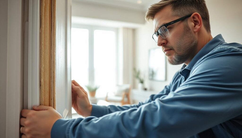 A close-up view of a professional technician working on soundproofing a door in a modern home setting. The technician, dressed in a clean blue work shirt and safety glasses, is applying a sound-absorbing material to the doorframe. In the foreground, focus on the door being treated, showcasing the texture and layers of the soundproofing materials being used. In the middle ground, include tools like a measuring tape and adhesive in an organized manner, emphasizing the craftsmanship involved in the process. The background features a well-lit room with contemporary decor, creating a welcoming atmosphere. Bright yet soft lighting highlights the technician's focused expression and the detail of the soundproofing materials. The overall mood conveys professionalism and effectiveness in home improvement.