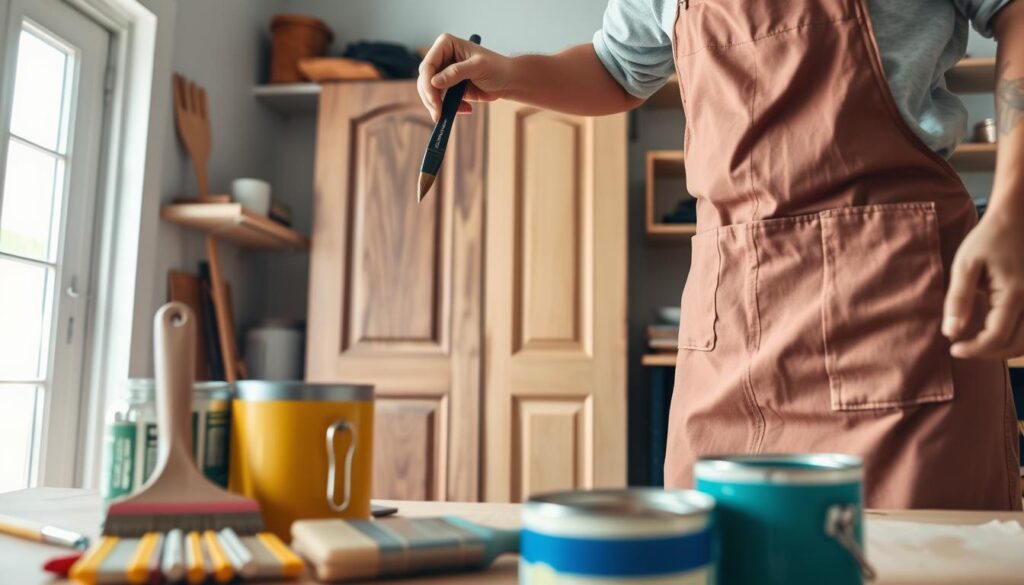 A close-up view of a professional wearing a work apron, carefully applying a fresh coat of paint to a set of painted doors in a well-lit workshop. The foreground features brushes and paint cans, showcasing vibrant colors. In the middle, the partially painted doors feature intricate wood grain designs, demonstrating maintenance and care. The background includes shelves with tools and supplies, emphasizing a tidy and organized environment. Soft natural light filters in from a window, creating a warm and inviting atmosphere. The composition captures the essence of door restoration and maintenance, highlighting the importance of preserving painted surfaces in a home improvement context. A close-up view of a professional wearing a work apron, carefully applying a fresh coat of paint to a set of painted doors in a well-lit workshop. The foreground features brushes and paint cans, showcasing vibrant colors. In the middle, the partially painted doors feature intricate wood grain designs, demonstrating maintenance and care. The background includes shelves with tools and supplies, emphasizing a tidy and organized environment. Soft natural light filters in from a window, creating a warm and inviting atmosphere. The composition captures the essence of door restoration and maintenance, highlighting the importance of preserving painted surfaces in a home improvement context.