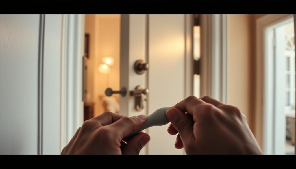A close-up view of a residential door with an emphasis on safety while opening it. In the foreground, a pair of hands carefully maneuver a tool designed for door opening, showcasing the technique. The middle ground features a slightly ajar door with visible security features like a deadbolt and chain lock, highlighting the importance of security. The background shows a cozy home environment, with soft, warm lighting illuminating the scene, creating an inviting yet cautious atmosphere. The angle is slightly elevated, capturing the focus on the door and hands, draped in soft shadows to enhance the sense of safety. The composition conveys a thoughtful and careful approach to opening a door without a handle, evoking a mood of security and mindfulness. A close-up view of a residential door with an emphasis on safety while opening it. In the foreground, a pair of hands carefully maneuver a tool designed for door opening, showcasing the technique. The middle ground features a slightly ajar door with visible security features like a deadbolt and chain lock, highlighting the importance of security. The background shows a cozy home environment, with soft, warm lighting illuminating the scene, creating an inviting yet cautious atmosphere. The angle is slightly elevated, capturing the focus on the door and hands, draped in soft shadows to enhance the sense of safety. The composition conveys a thoughtful and careful approach to opening a door without a handle, evoking a mood of security and mindfulness.