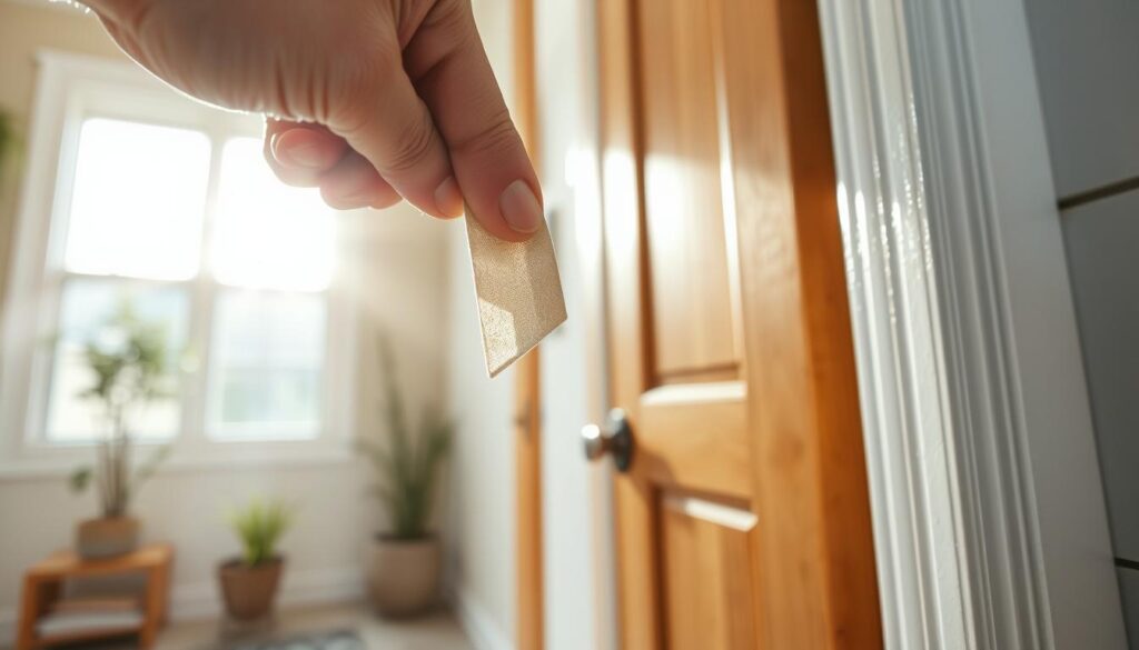 A close-up view of a residential front door being sealed with weather stripping. In the foreground, show a hand applying a flexible, self-adhesive seal to the door frame, emphasizing the texture and adhesive quality of the product. In the middle ground, highlight the strong wooden door with a modern design, showcasing its natural finish and sturdy construction. The background should feature a bright, inviting home entryway with soft sunlight streaming in through a nearby window, casting gentle beams across the scene. Use a shallow depth of field to focus sharply on the sealing process while slightly blurring the background, conveying a sense of warmth and care in home improvement. The overall mood is practical yet uplifting, illustrating the importance of door sealing in energy efficiency. A close-up view of a residential front door being sealed with weather stripping. In the foreground, show a hand applying a flexible, self-adhesive seal to the door frame, emphasizing the texture and adhesive quality of the product. In the middle ground, highlight the strong wooden door with a modern design, showcasing its natural finish and sturdy construction. The background should feature a bright, inviting home entryway with soft sunlight streaming in through a nearby window, casting gentle beams across the scene. Use a shallow depth of field to focus sharply on the sealing process while slightly blurring the background, conveying a sense of warmth and care in home improvement. The overall mood is practical yet uplifting, illustrating the importance of door sealing in energy efficiency.