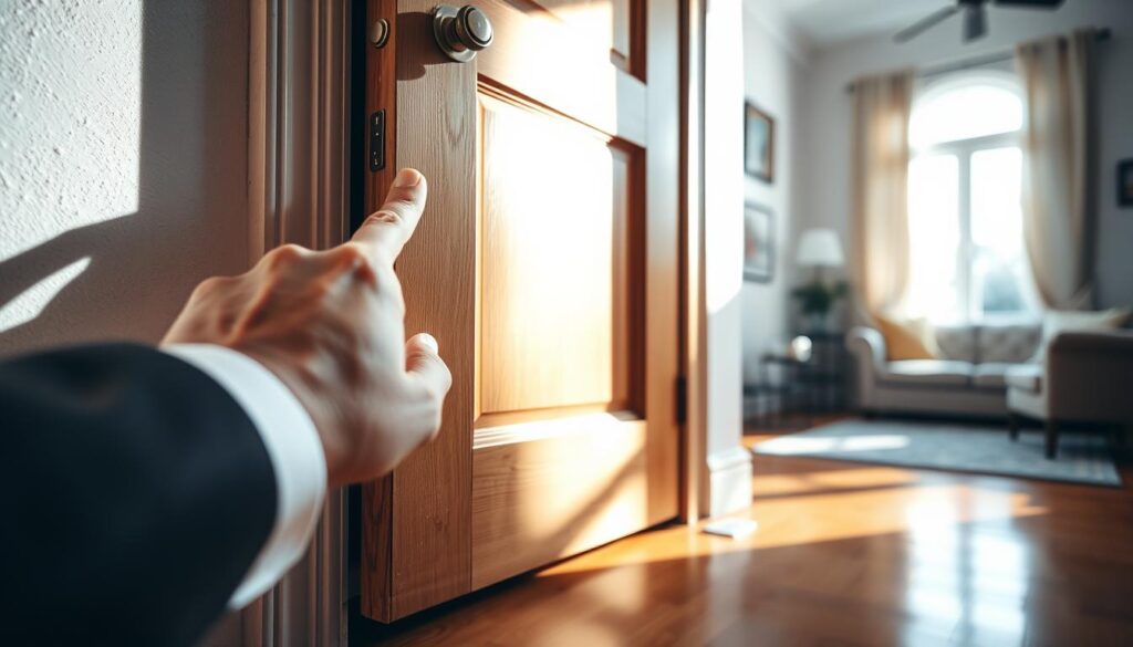 A close-up view of a slightly ajar wooden interior door, showcasing its misalignment. The door is framed by a simple wall adorned with a subtle texture, and the floor is made of polished hardwood. In the foreground, bright, natural light streams in through a nearby window, casting soft shadows that highlight gaps between the door and the frame. In the middle ground, a hand is gently pressing the door, emphasizing the need for adjustment; the fingers are dressed in a professional business attire, showcasing a person assessing the door's fit. In the background, a cozy room environment adds context, with subtle out-of-focus furniture elements suggesting domestic life. The atmosphere is one of attention to detail and care.