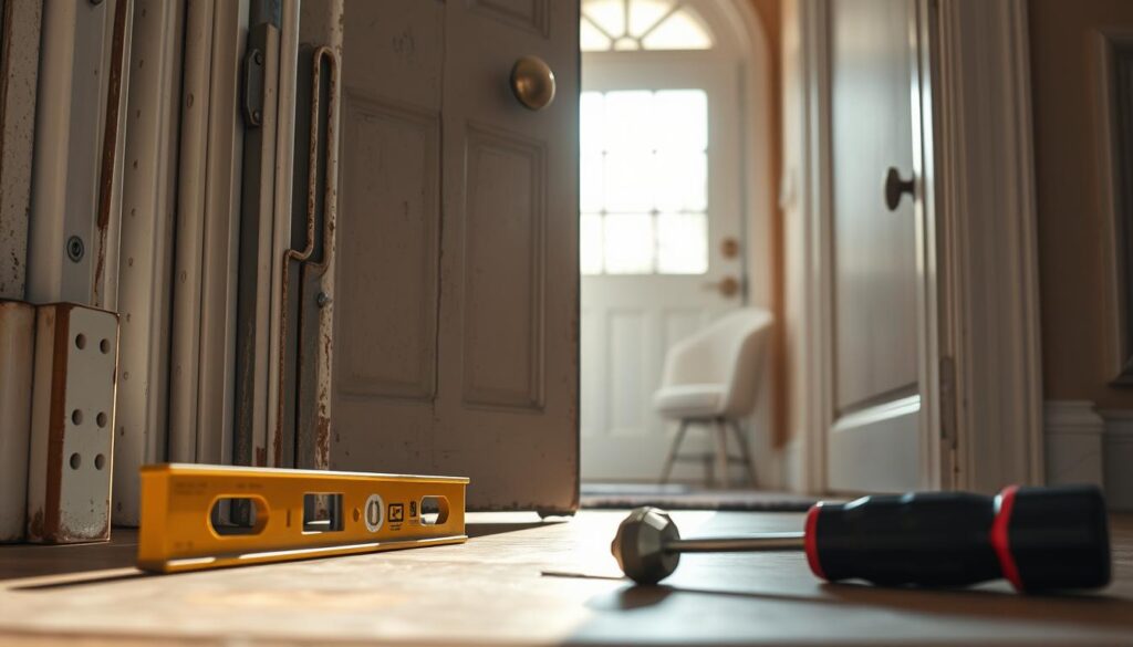 A close-up view of a slightly misaligned front door, showcasing visible gaps at the top and bottom edges, with a focus on the door hinges and handle. The scene features a metal door frame with wear and tear, capturing signs of rust and paint chipping. In the foreground, tools like a level and screwdriver are placed on the ground, hinting at the need for adjustments. The background is a well-lit entryway, softly illuminated by natural sunlight filtering through a nearby window, casting gentle shadows. The overall atmosphere conveys a sense of urgency and attention to detail in home maintenance, emphasizing the importance of proper door alignment. A close-up view of a slightly misaligned front door, showcasing visible gaps at the top and bottom edges, with a focus on the door hinges and handle. The scene features a metal door frame with wear and tear, capturing signs of rust and paint chipping. In the foreground, tools like a level and screwdriver are placed on the ground, hinting at the need for adjustments. The background is a well-lit entryway, softly illuminated by natural sunlight filtering through a nearby window, casting gentle shadows. The overall atmosphere conveys a sense of urgency and attention to detail in home maintenance, emphasizing the importance of proper door alignment.