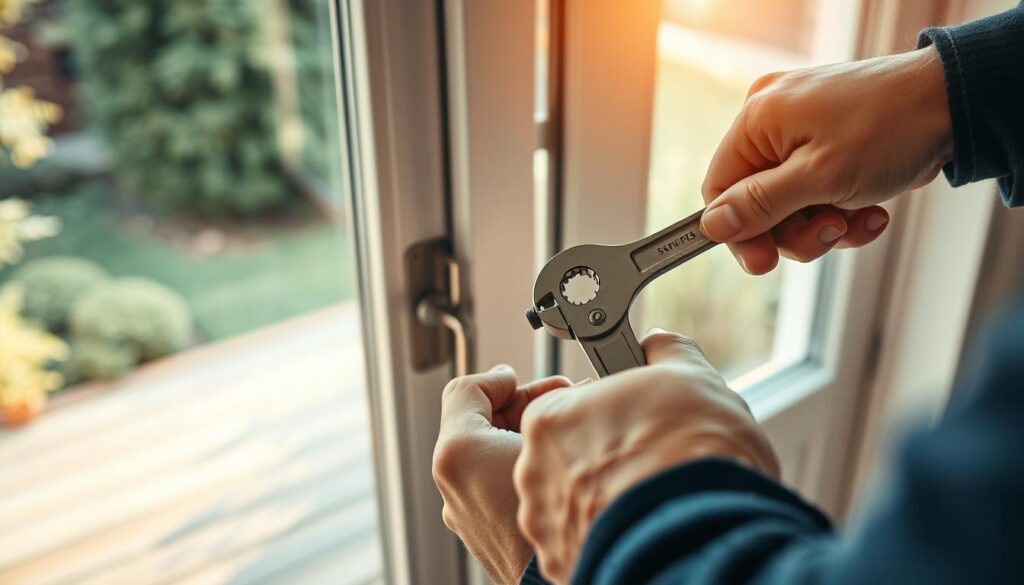 A close-up view of a technician adjusting the height of a balcony door’s wing (skrzydło drzwi) using specialized tools. The foreground features hands gripping an adjustable wrench, focusing on the hinge mechanism of the door. In the middle, the door itself stands partially open, showing detailed hardware and a smooth, modern design. Soft, natural light filters in from a nearby window, creating a warm, inviting atmosphere. The background subtly includes a blurred view of a garden outside, enhancing the home's cozy ambiance. The scene conveys an air of professionalism and expertise, illustrating the precision involved in door height adjustment without any human distractions or text overlays.