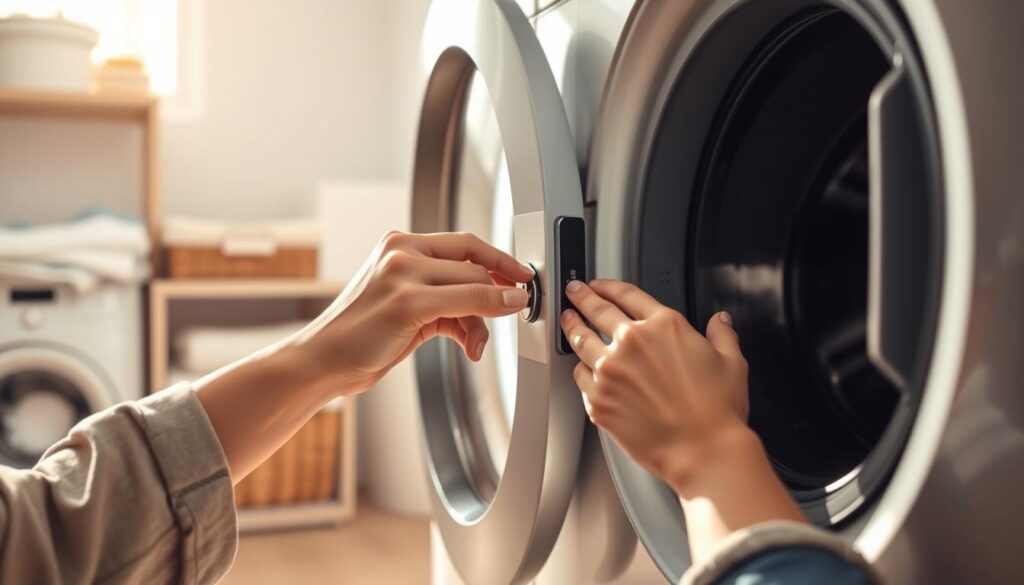 A close-up view of a washing machine door in a modern laundry room, focusing on the door lock mechanism being carefully examined. In the foreground, a pair of hands in casual, modest clothing gently manipulates the lock, illustrating a safe method to bypass the door's safety feature. The middle ground features the washing machine, sleek and contemporary, with visible buttons and a digital display. The background is softly blurred, containing laundry baskets and a shelf with laundry supplies, creating a homely atmosphere. Warm, natural light illuminates the scene, casting gentle shadows that highlight the action. The overall mood conveys a sense of safety and caution, emphasizing the importance of proper techniques.