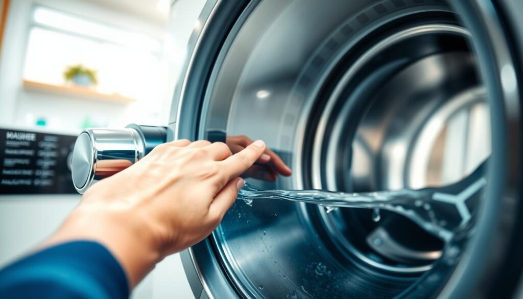 A close-up view of a washing machine with a locked door filled with water, depicting a hand gently pushing the door handle in an attempt to open it. The foreground features details of the washing machine's control panel and water droplets on the glass door. In the middle ground, emphasize the contrasting colors of the machine's exterior, highlighting its modern design, with reflections of the water inside creating a sense of tension. In the background, a soft-focus laundry room with bright, ambient lighting to convey a safe household atmosphere. The scene captures a feeling of urgency but remains calm and professional, emphasizing safety and straightforwardness in the approach. The image should be free of any text or captions.
